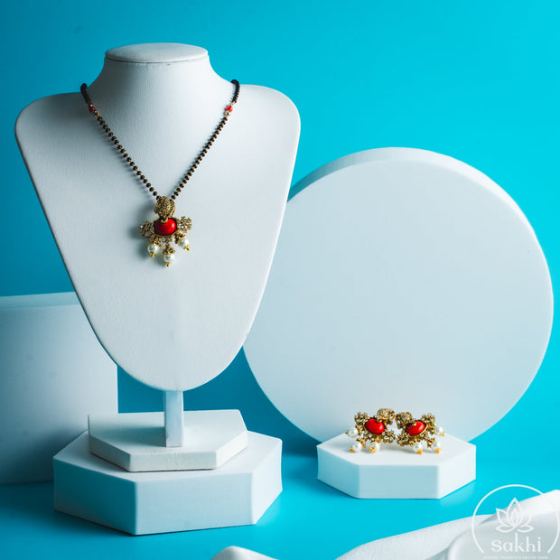 Coral Ganesha Black Beads Necklace Set