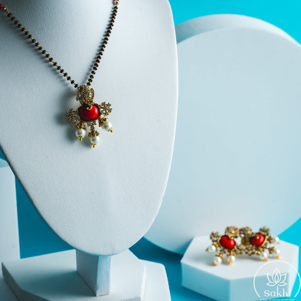 Coral Ganesha Black Beads Necklace Set