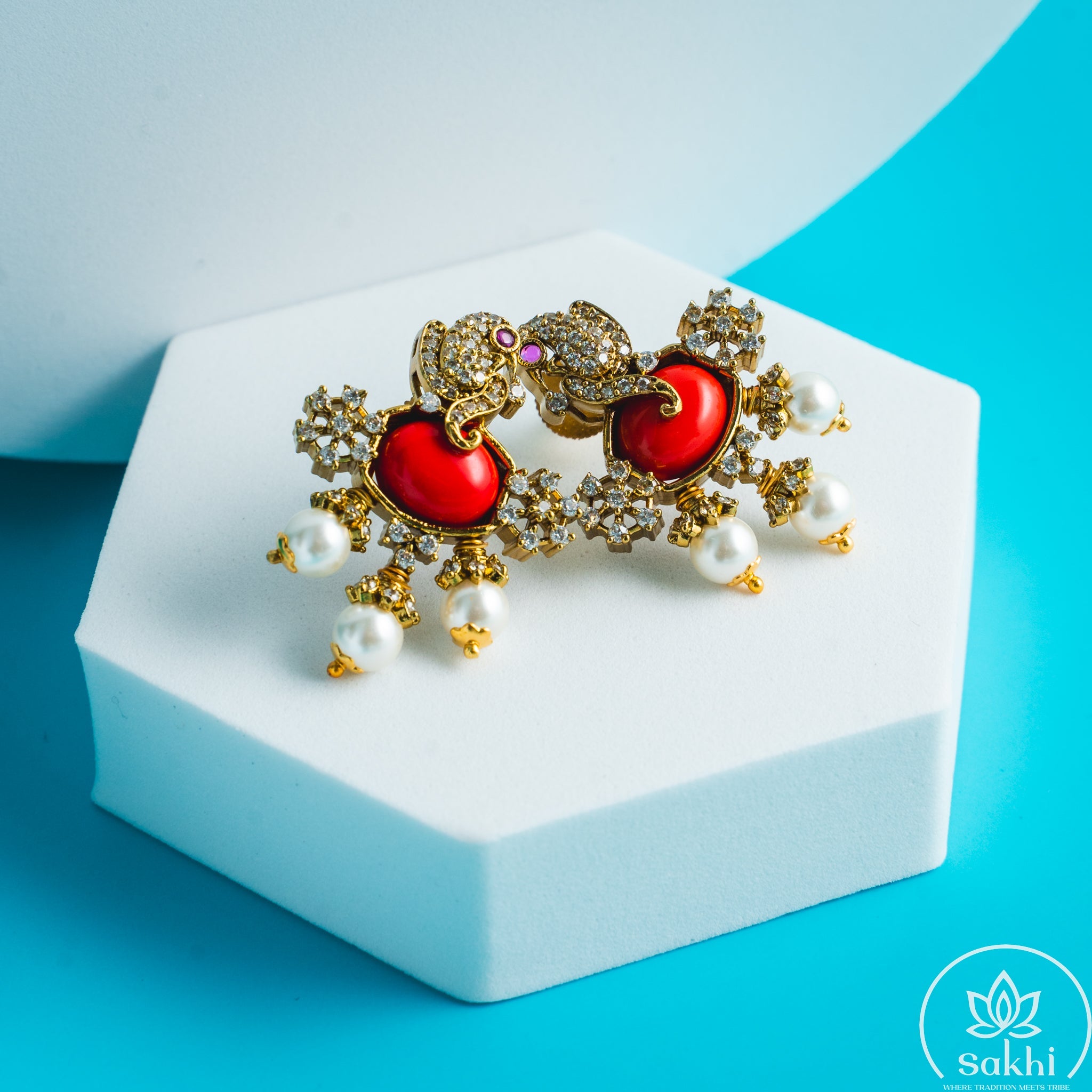 Coral Ganesha Black Beads Necklace Set
