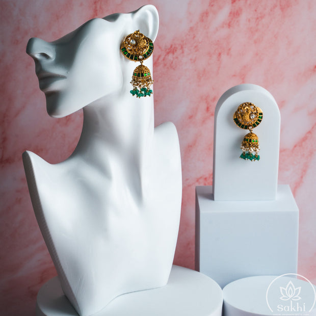 Antique Peacock Jadau Jhumka (Green)