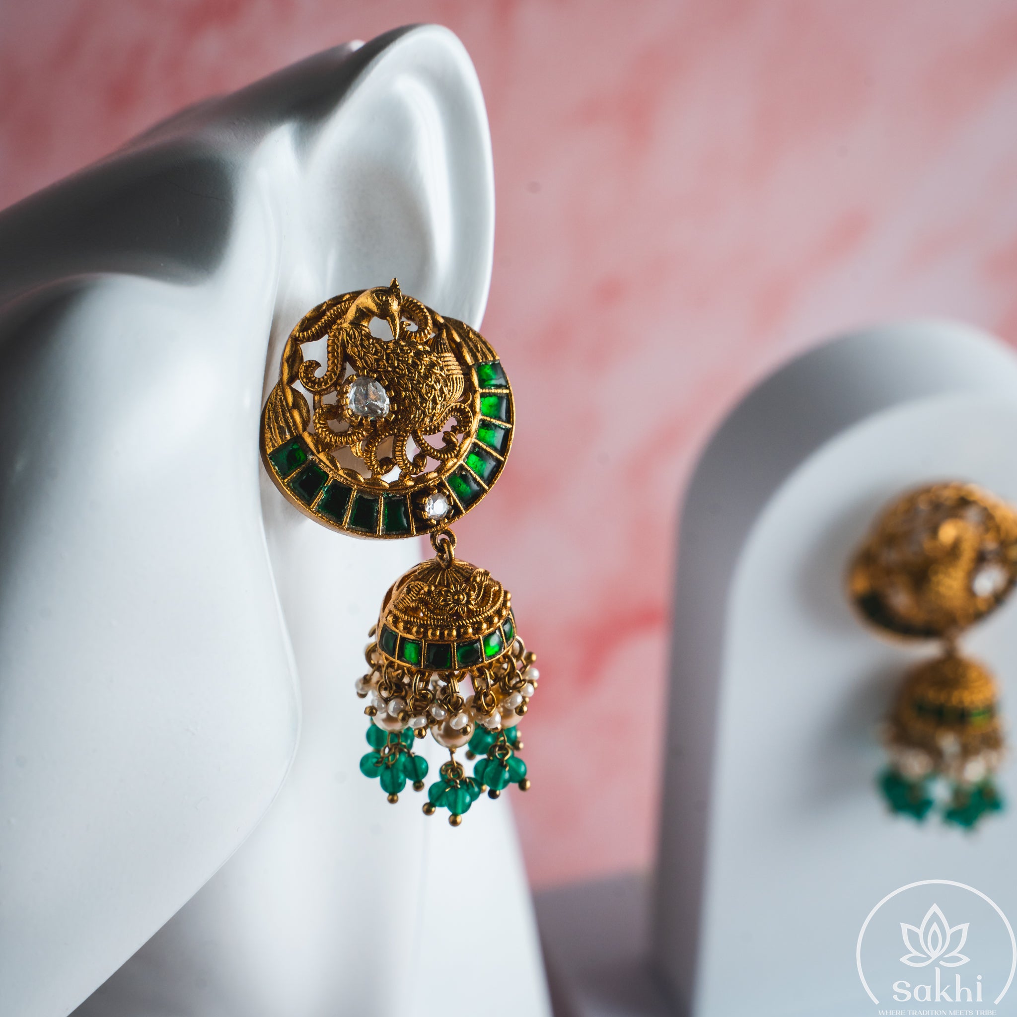 Antique Peacock Jadau Jhumka (Green)