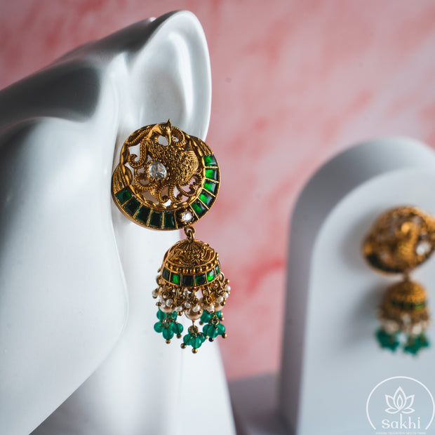 Antique Peacock Jadau Jhumka (Green)