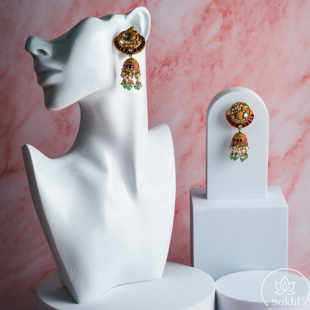 Antique Peacock Jadau Jhumka (Pink)