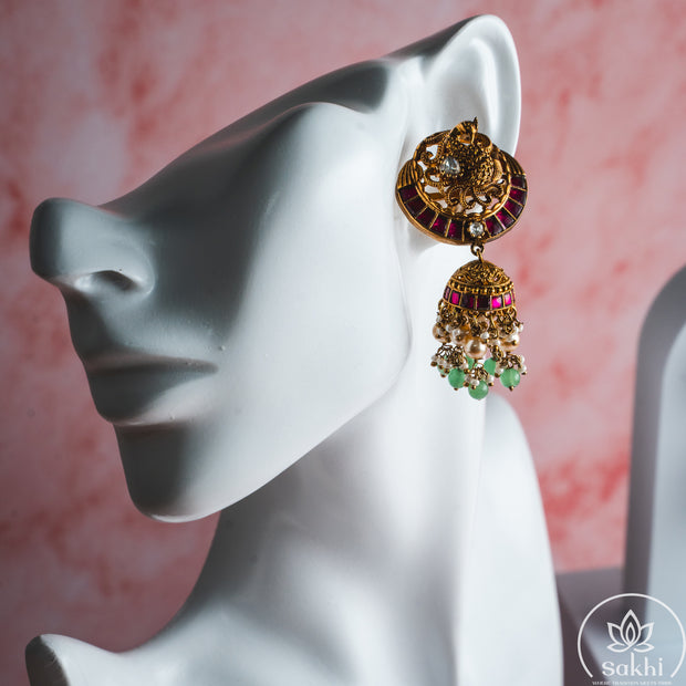 Antique Peacock Jadau Jhumka (Pink)