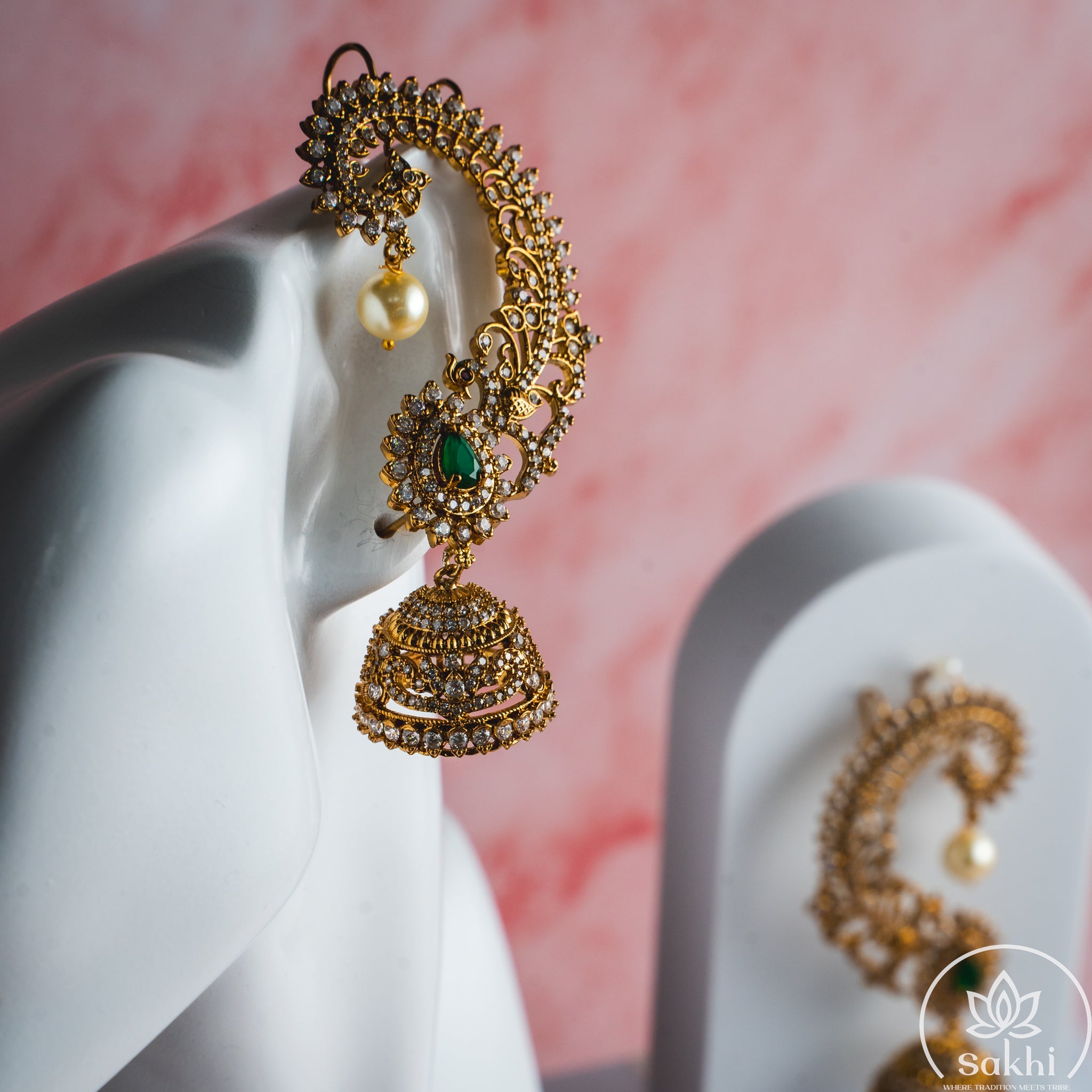 Elegant Earcuff Jhumkas (Green)
