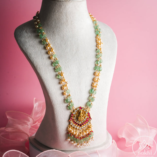 Lakshmi Pendant Green Beads Necklace