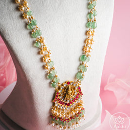 Lakshmi Pendant Green Beads Necklace
