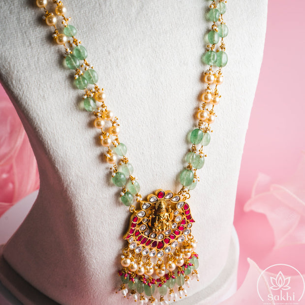 Lakshmi Pendant Green Beads Necklace