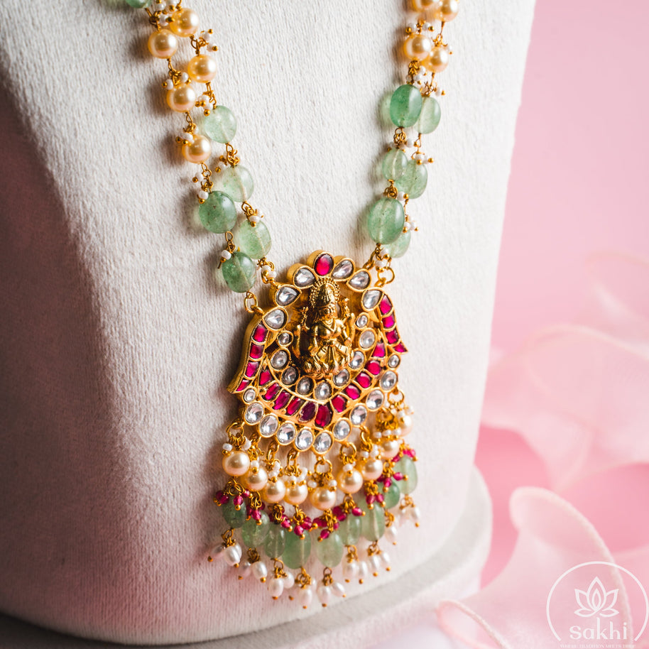 Lakshmi Pendant Green Beads Necklace