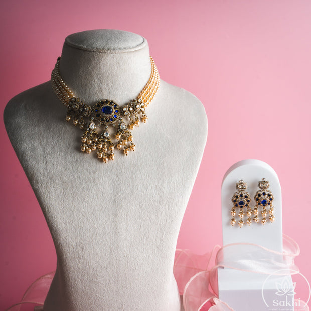 Swaroski Pearl Choker with Earrings (Royal Blue)