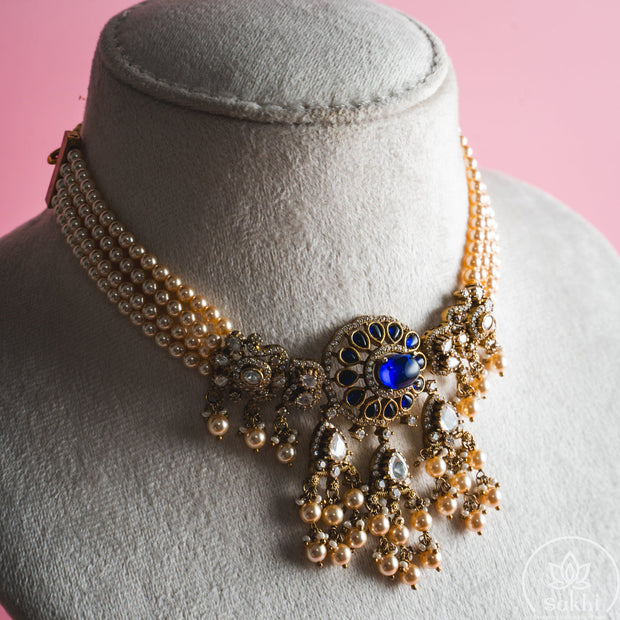 Swaroski Pearl Choker with Earrings (Royal Blue)