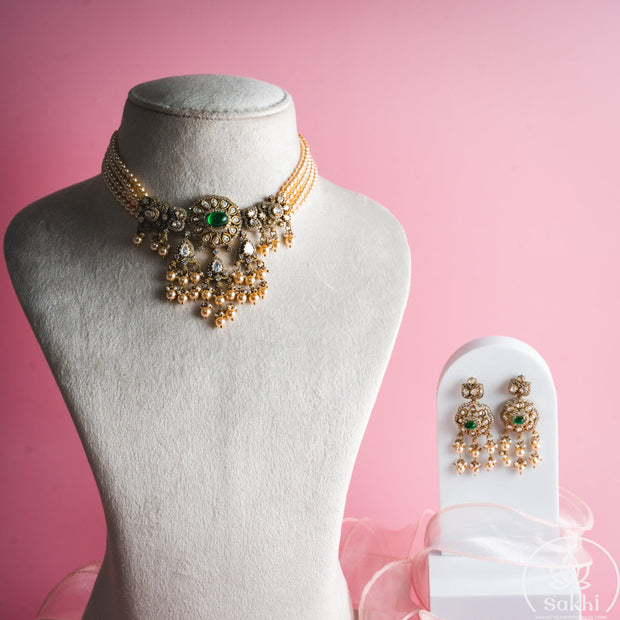 Swaroski Pearl Choker with Earrings (Royal Green)