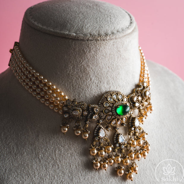 Swaroski Pearl Choker with Earrings (Royal Green)