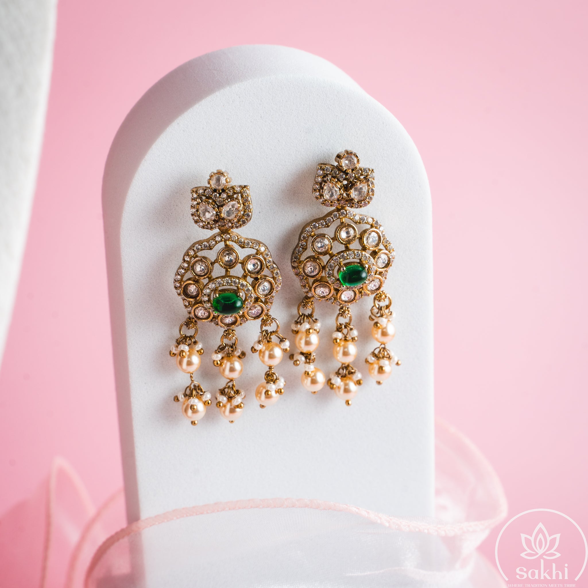Swaroski Pearl Choker with Earrings (Royal Green)