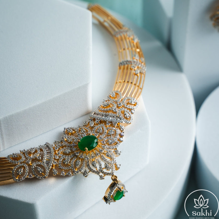 CZ Stone Green Emerald Necklace Set