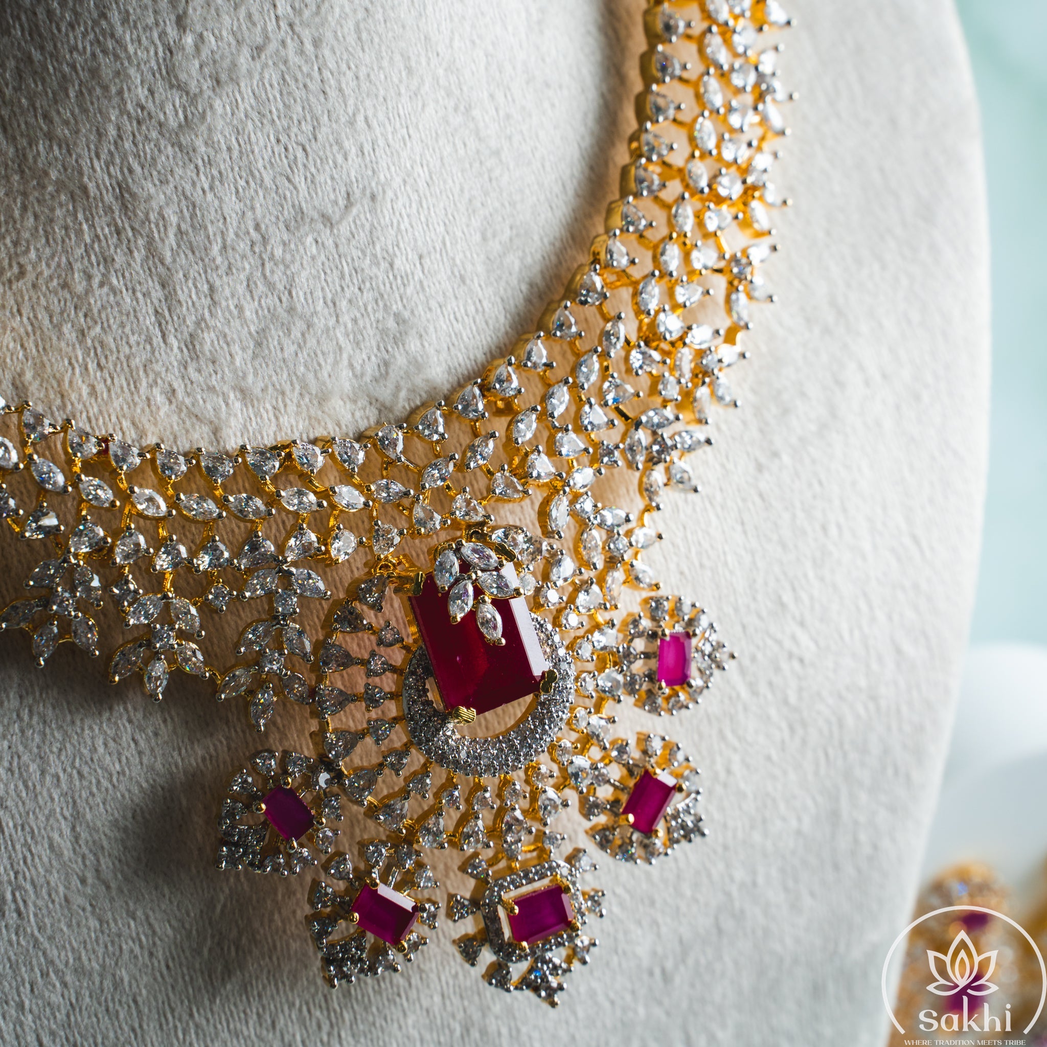 Diamond Finish CZ Ruby Necklace Set