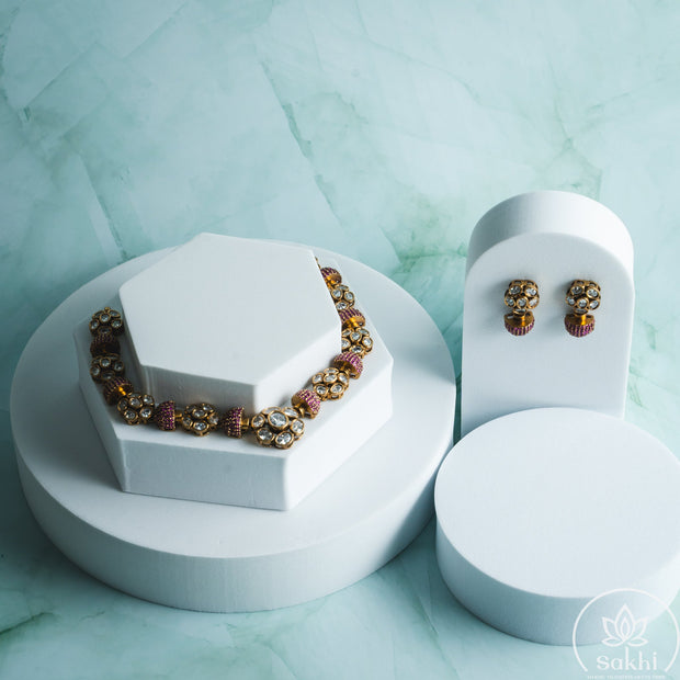 Elegant Kundan Necklace Set (Pink)