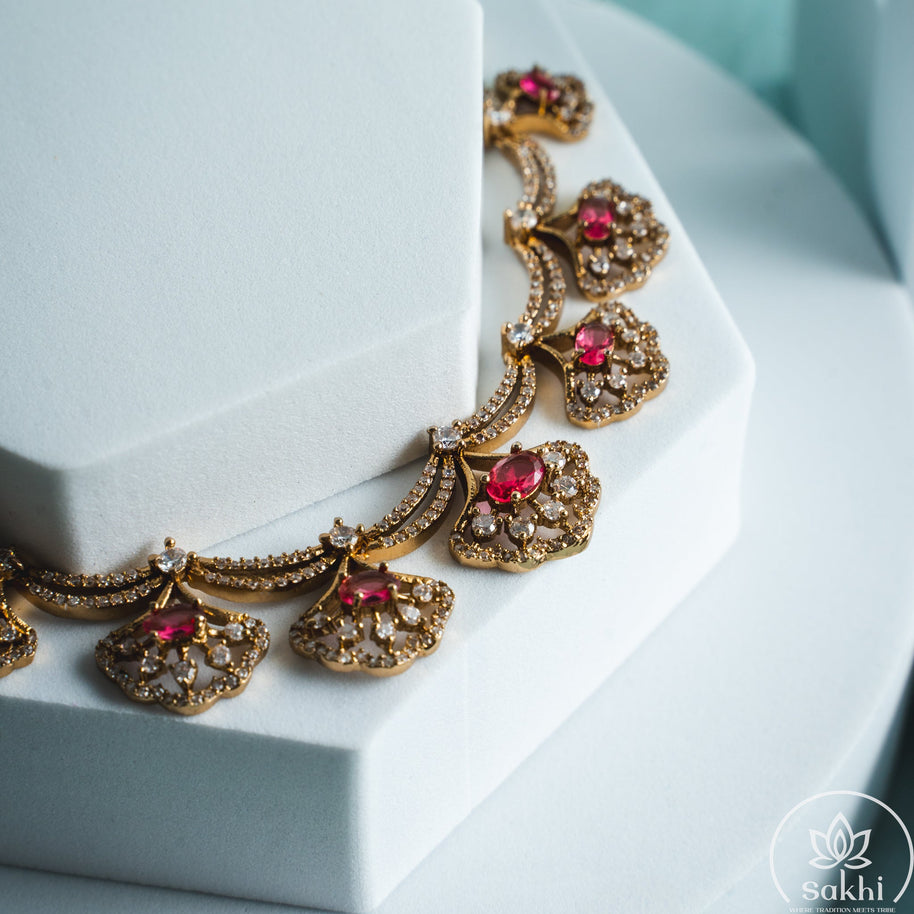 Ruby Stone Leaf Motif Gold Necklace Set