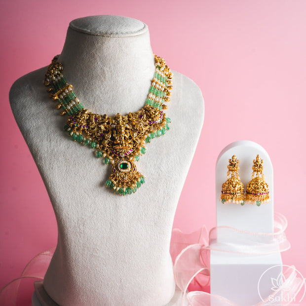 Elegant Lakshmi Green Beads Necklace Set