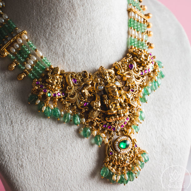 Elegant Lakshmi Green Beads Necklace Set