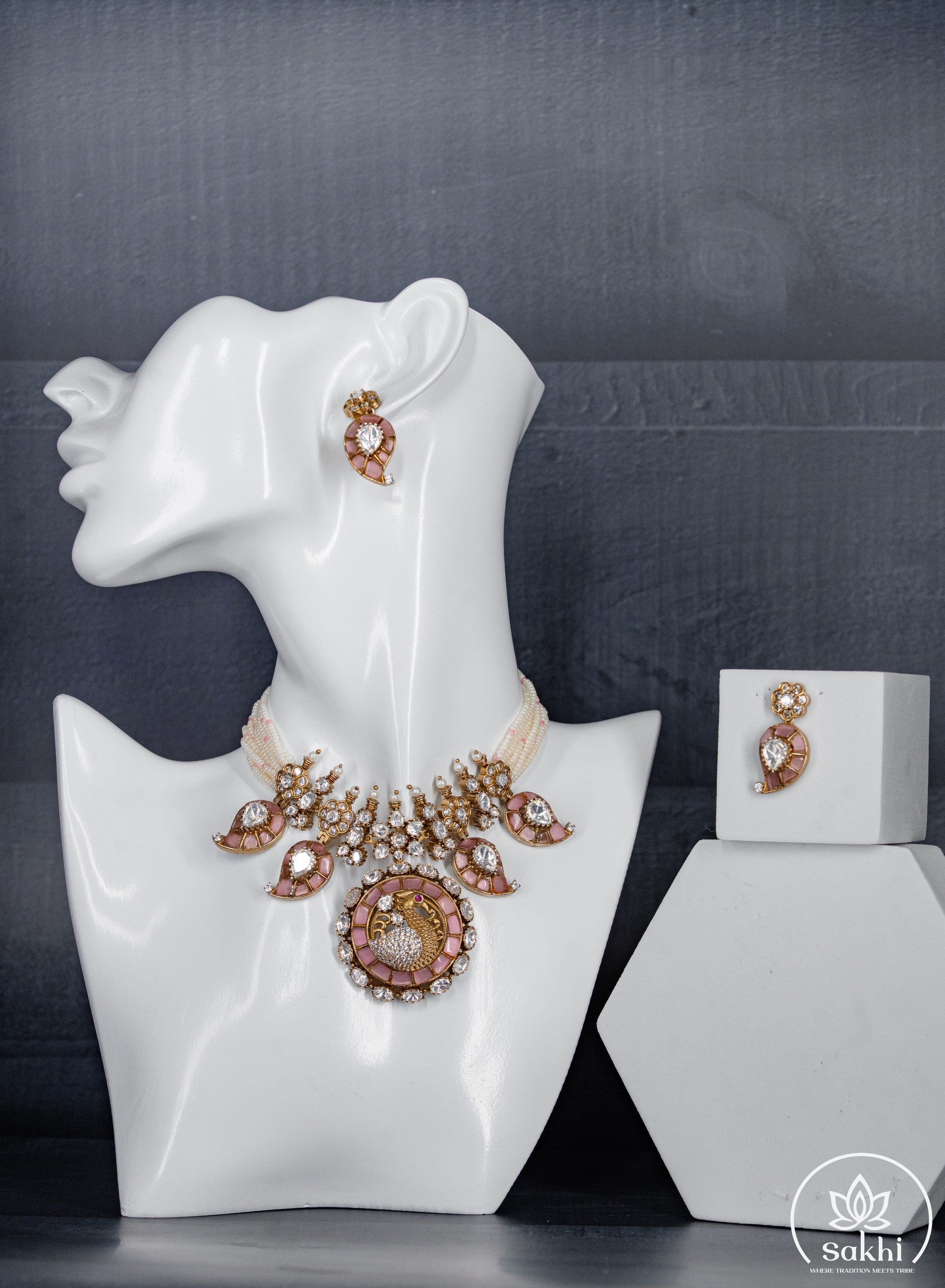 Elegant Polki Pearl Choker Set with Pink Accents