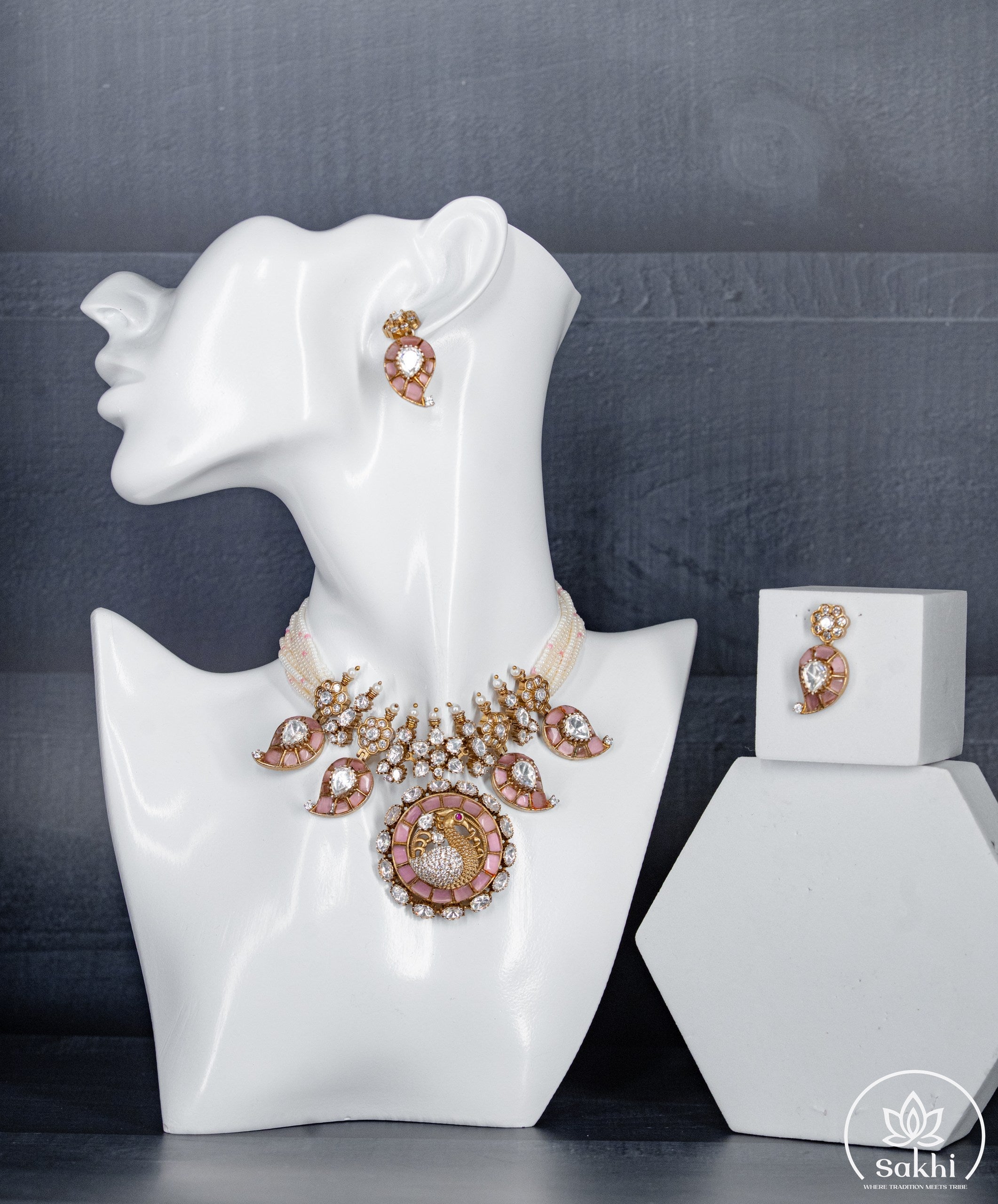 Elegant Polki Pearl Choker Set with Pink Accents