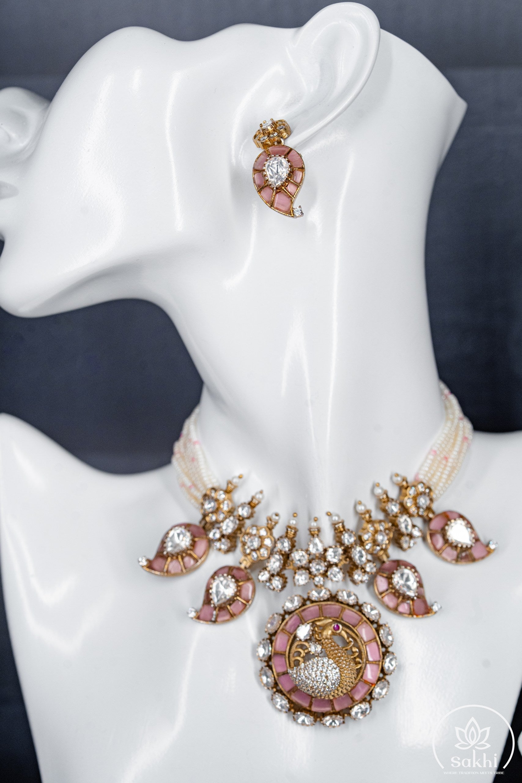 Elegant Polki Pearl Choker Set with Pink Accents