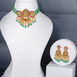 Gold-Polish Lakshmi Choker Necklace Set with Green Beads and Kundan