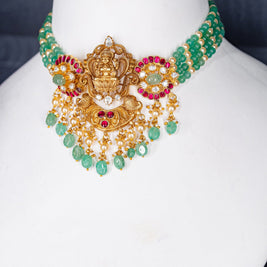 Gold-Polish Lakshmi Choker Necklace Set with Green Beads and Kundan