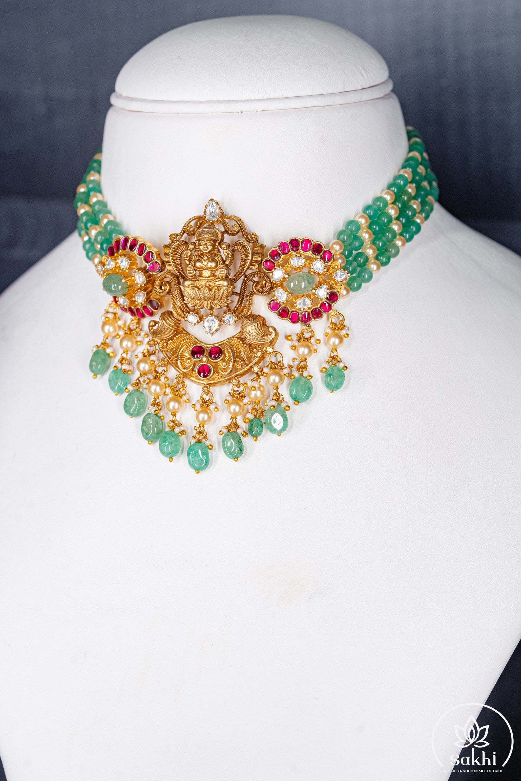 Gold-Polish Lakshmi Choker Necklace Set with Green Beads and Kundan
