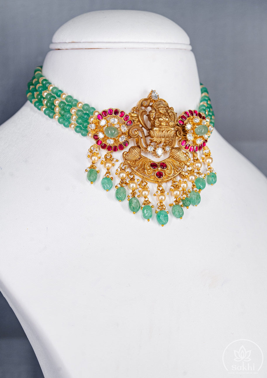 Gold-Polish Lakshmi Choker Necklace Set with Green Beads and Kundan