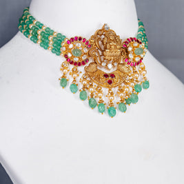 Gold-Polish Lakshmi Choker Necklace Set with Green Beads and Kundan