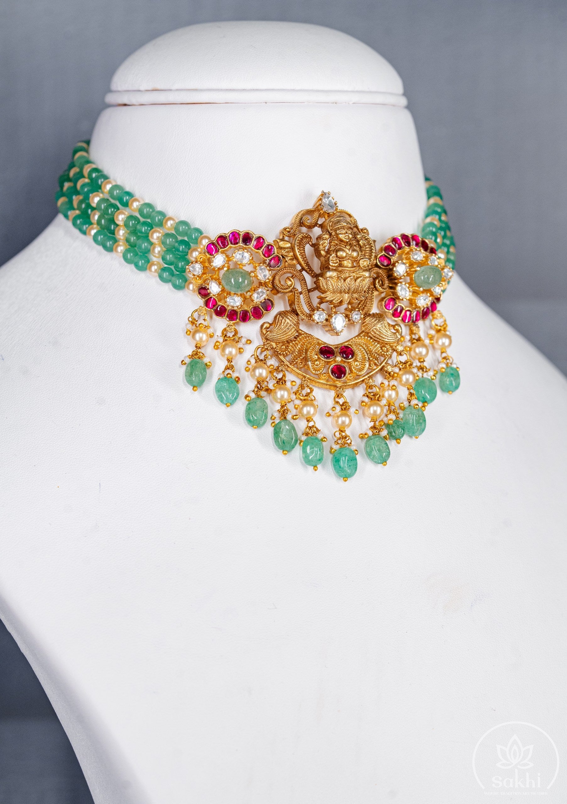 Gold-Polish Lakshmi Choker Necklace Set with Green Beads and Kundan