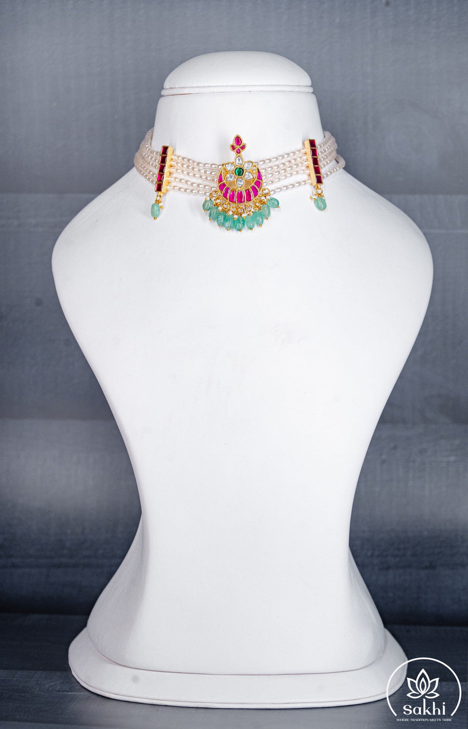 White Pearl Choker with Pink Jadau Kundan and Green Beads
