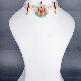 White Pearl Choker with Pink Jadau Kundan and Green Beads