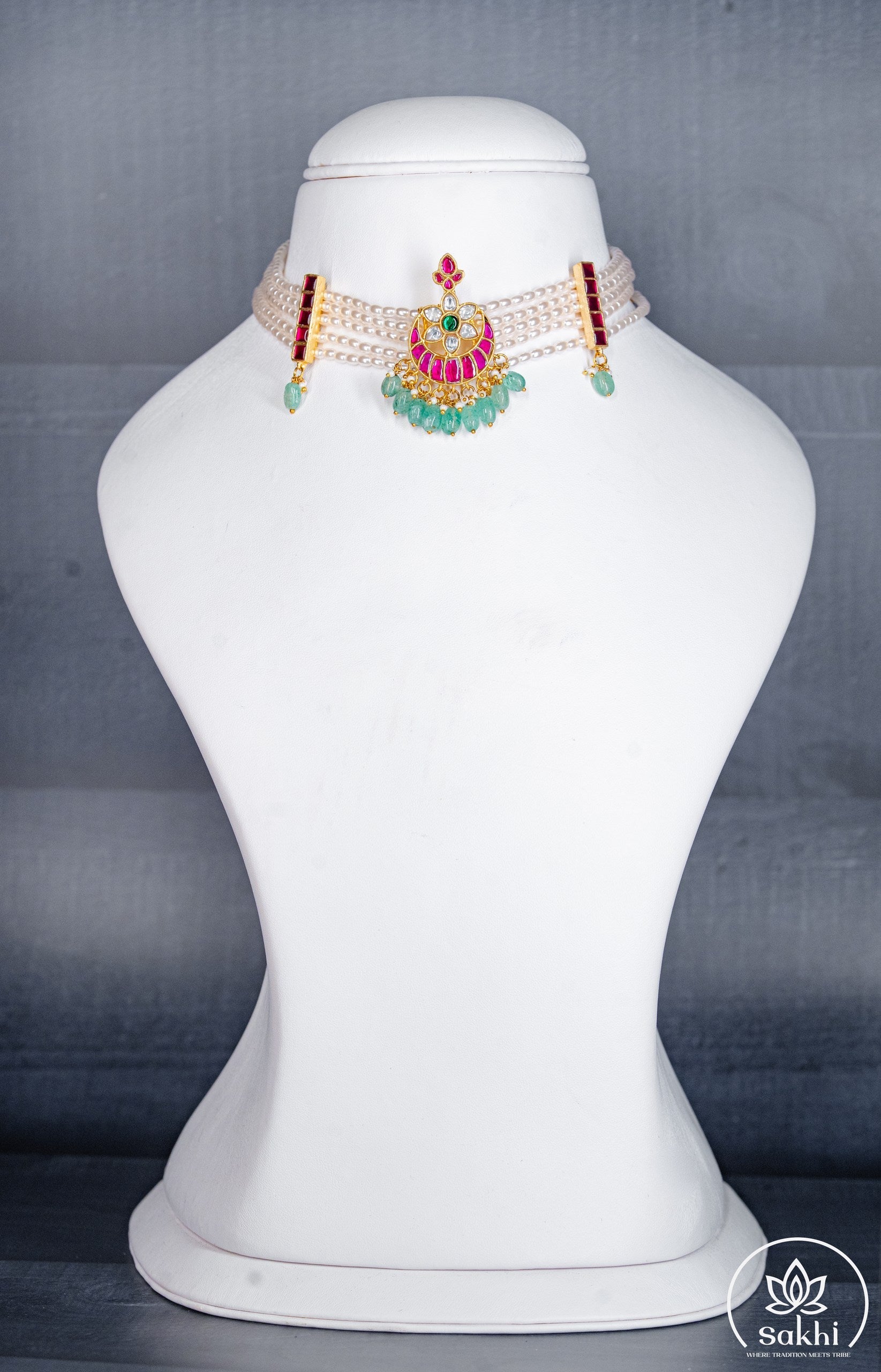White Pearl Choker with Pink Jadau Kundan and Green Beads
