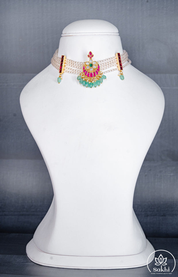 White Pearl Choker with Pink Jadau Kundan and Green Beads