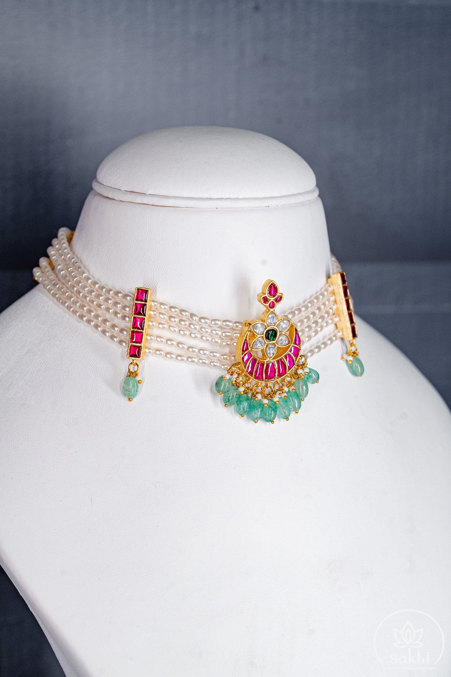 White Pearl Choker with Pink Jadau Kundan and Green Beads