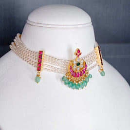 White Pearl Choker with Pink Jadau Kundan and Green Beads