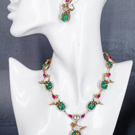 Gold-Polish Necklace Set with Green Stones and Bird Motifs