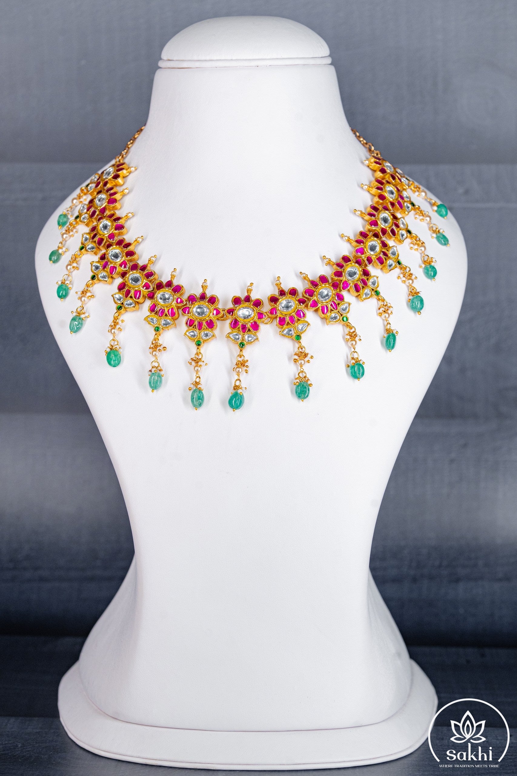 Floral Brass Jadau Kundan Necklace with Green Drops