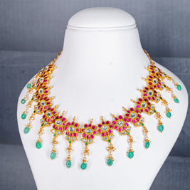 Floral Brass Jadau Kundan Necklace with Green Drops