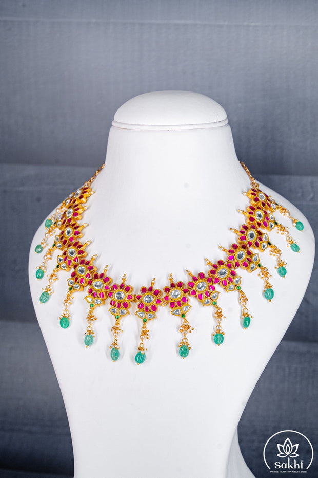 Floral Brass Jadau Kundan Necklace with Green Drops