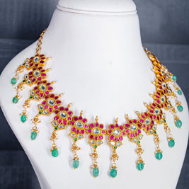 Floral Brass Jadau Kundan Necklace with Green Drops