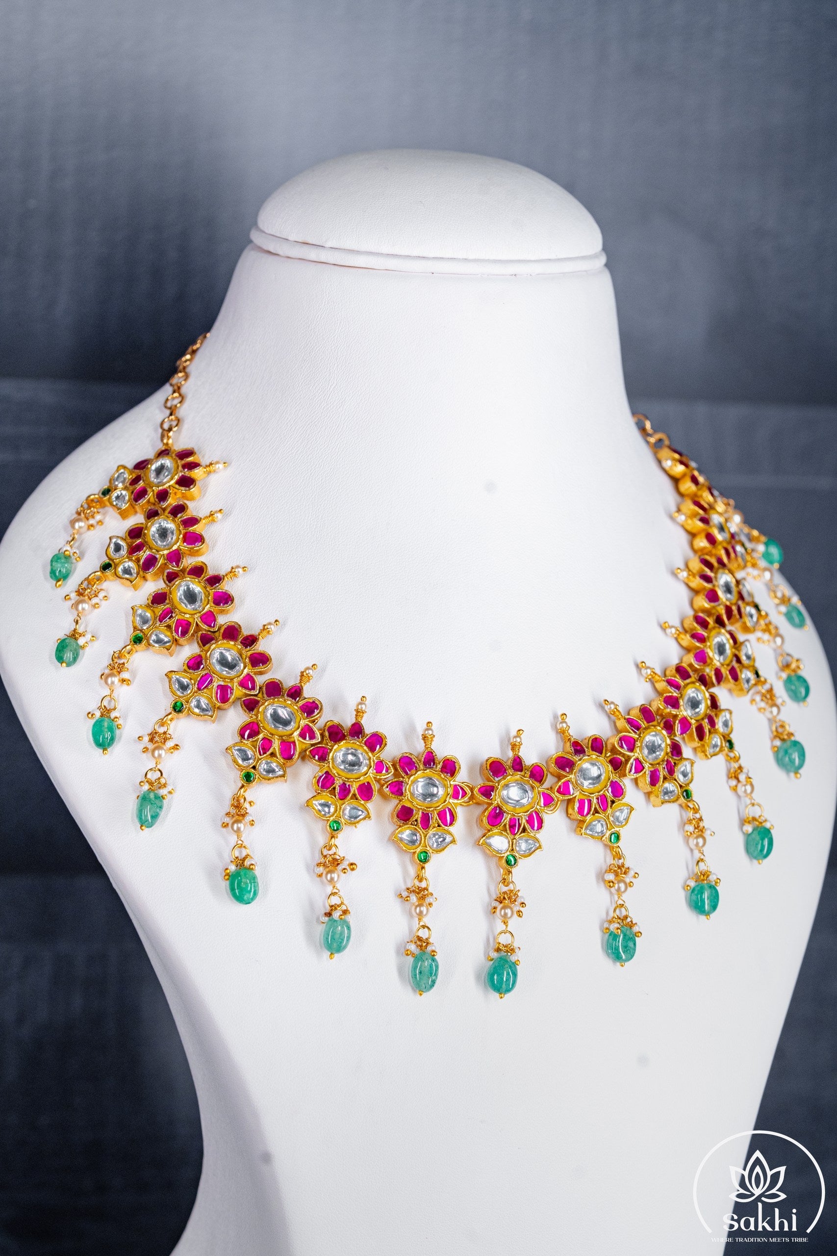 Floral Brass Jadau Kundan Necklace with Green Drops