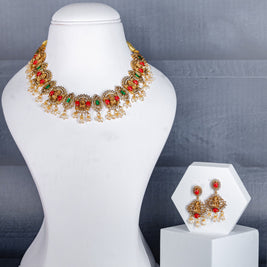 Floral Temple Necklace Set with Coral and Dazzling Stones