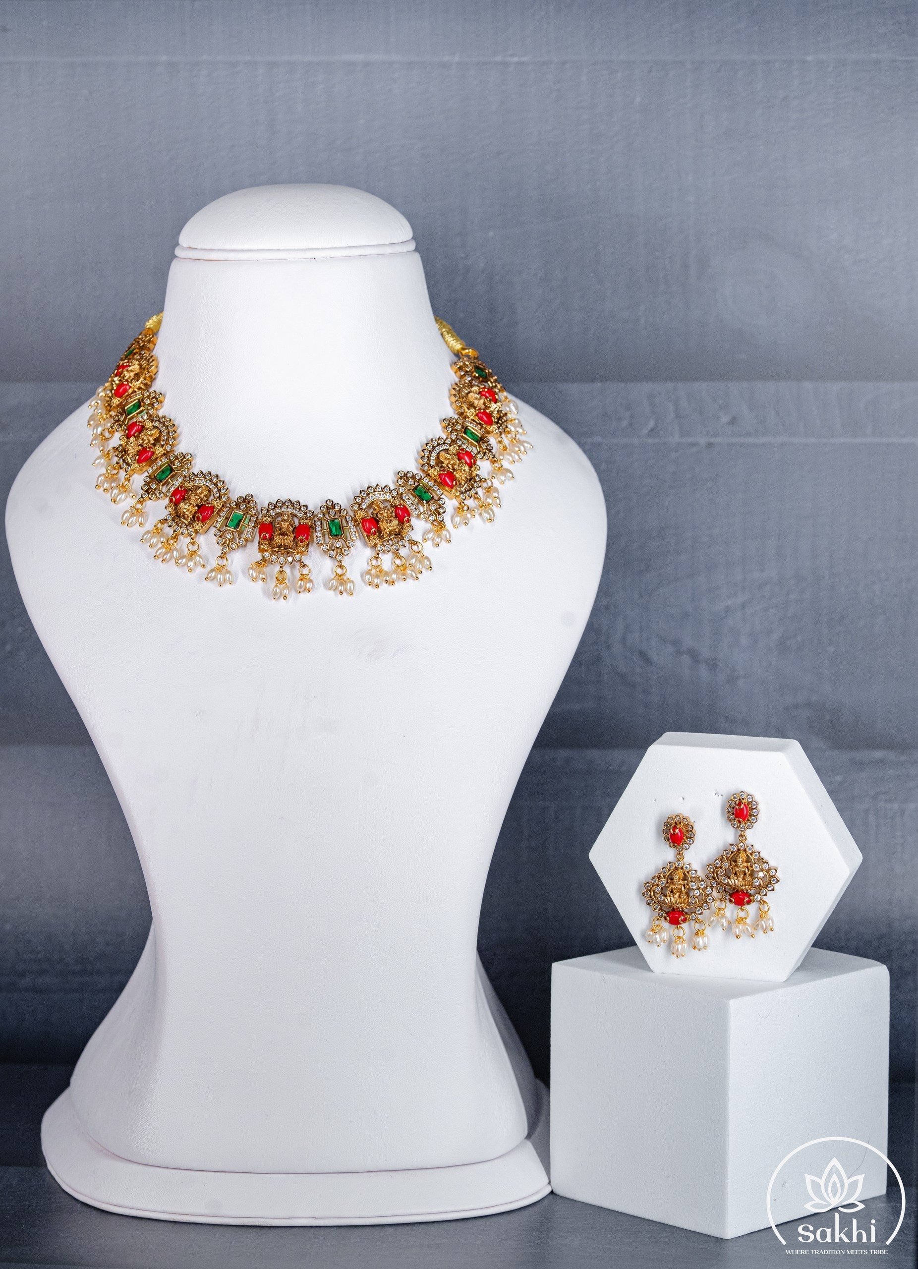 Floral Temple Necklace Set with Coral and Dazzling Stones