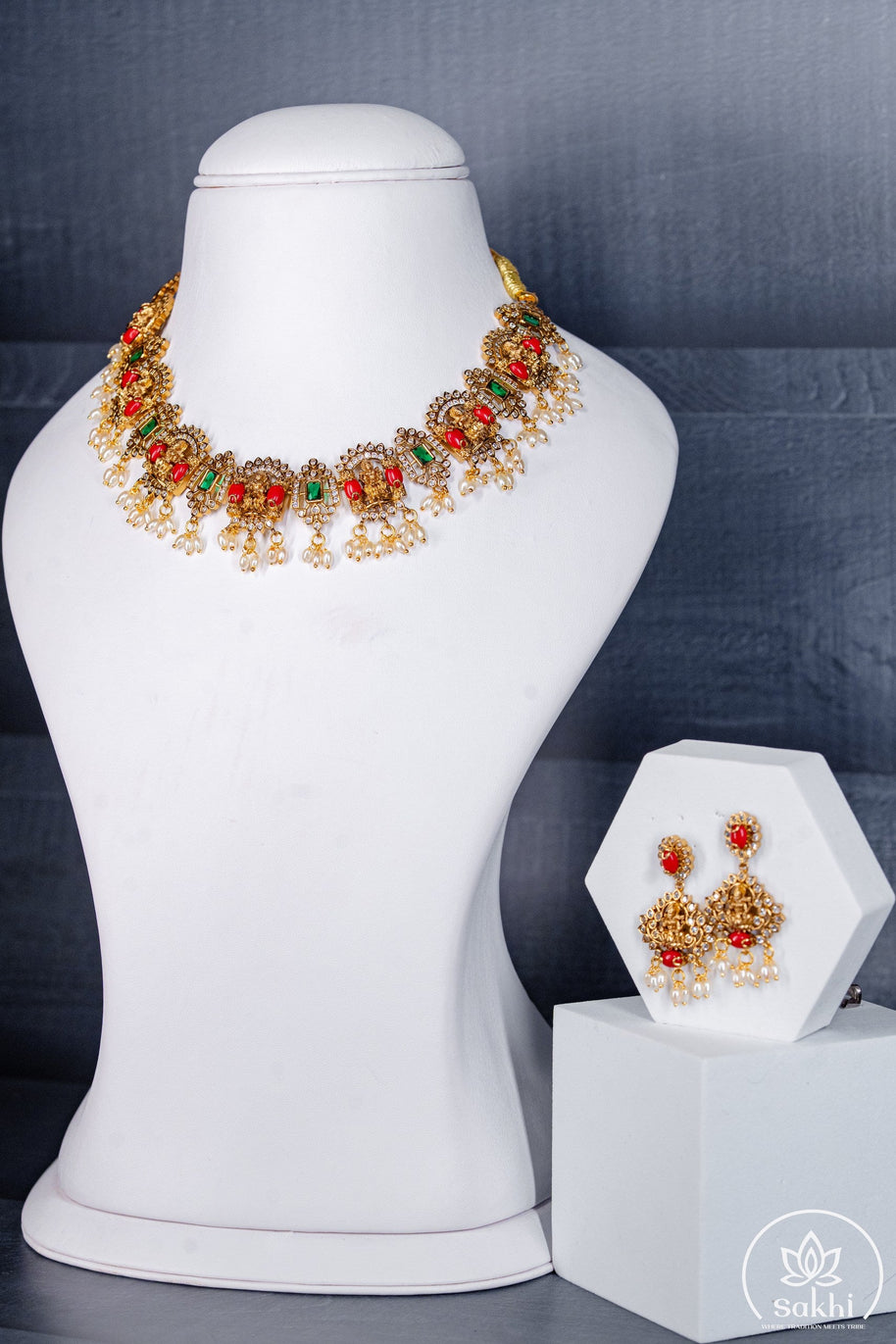 Floral Temple Necklace Set with Coral and Dazzling Stones