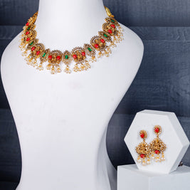 Floral Temple Necklace Set with Coral and Dazzling Stones