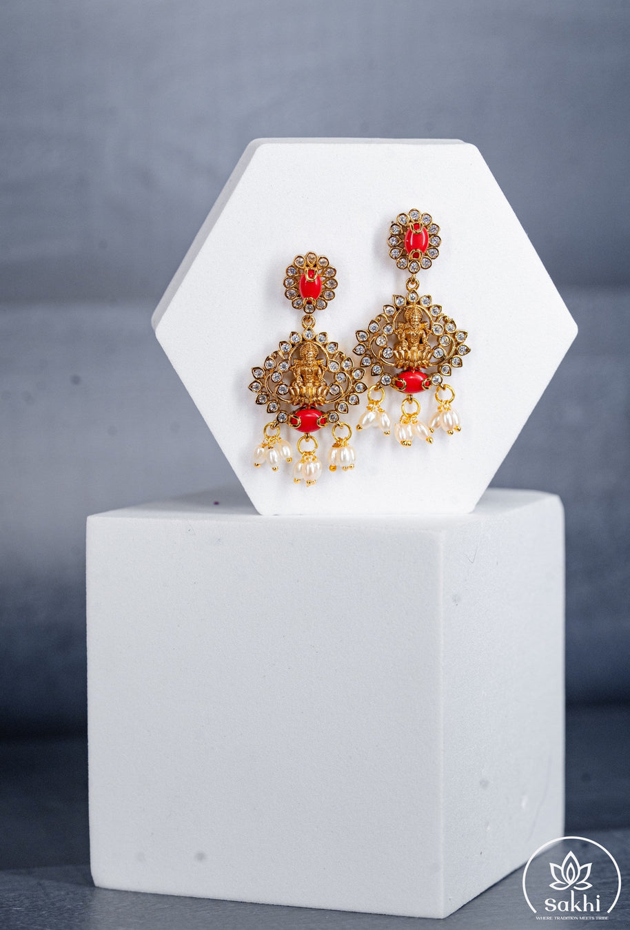 Floral Temple Necklace Set with Coral and Dazzling Stones